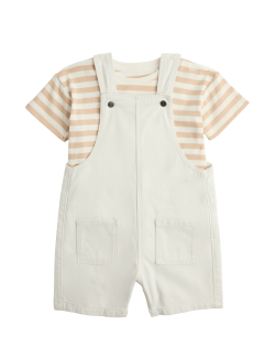 Ecru Denim Dungarees & Striped Tee Outfit (0-3 Years)