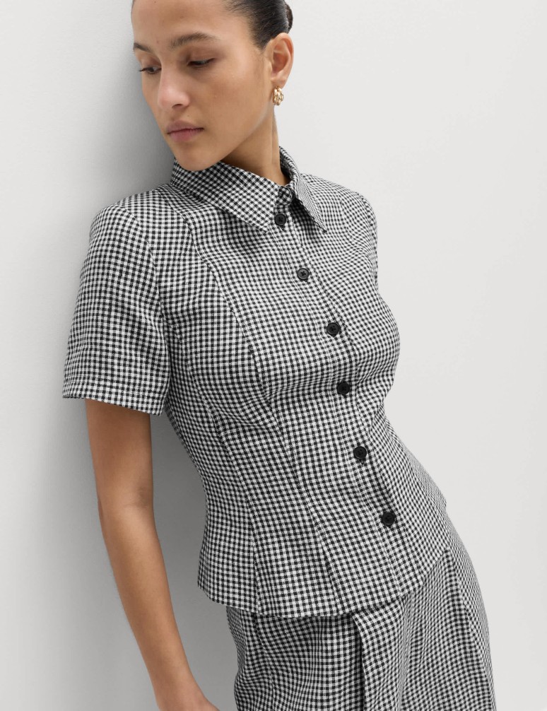 Pure Linen Tailored Checked Collared Jacket