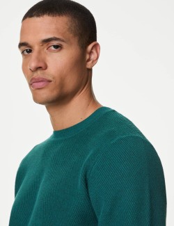 Cotton Blend Textured Crew Neck Jumper