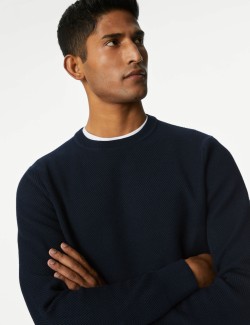 Cotton Blend Textured Crew Neck Jumper