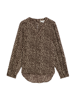 Animal Print V-Neck Popover Blouse