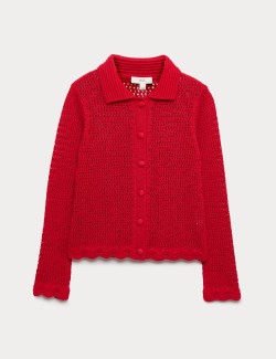 Cotton Blend Crochet-Style Collared Cardigan