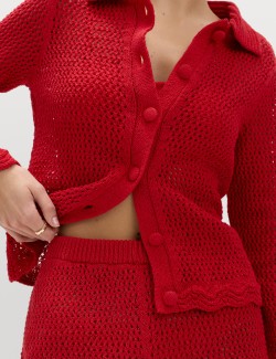 Cotton Blend Crochet-Style Collared Cardigan