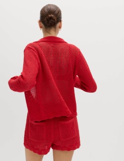 Cotton Blend Crochet-Style Collared Cardigan