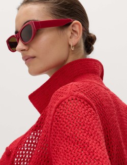 Cotton Blend Crochet-Style Collared Cardigan