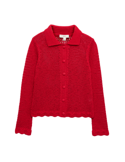 Cotton Blend Crochet-Style Collared Cardigan