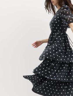Lyocell Rich Polka Dot Midi Tiered Dress