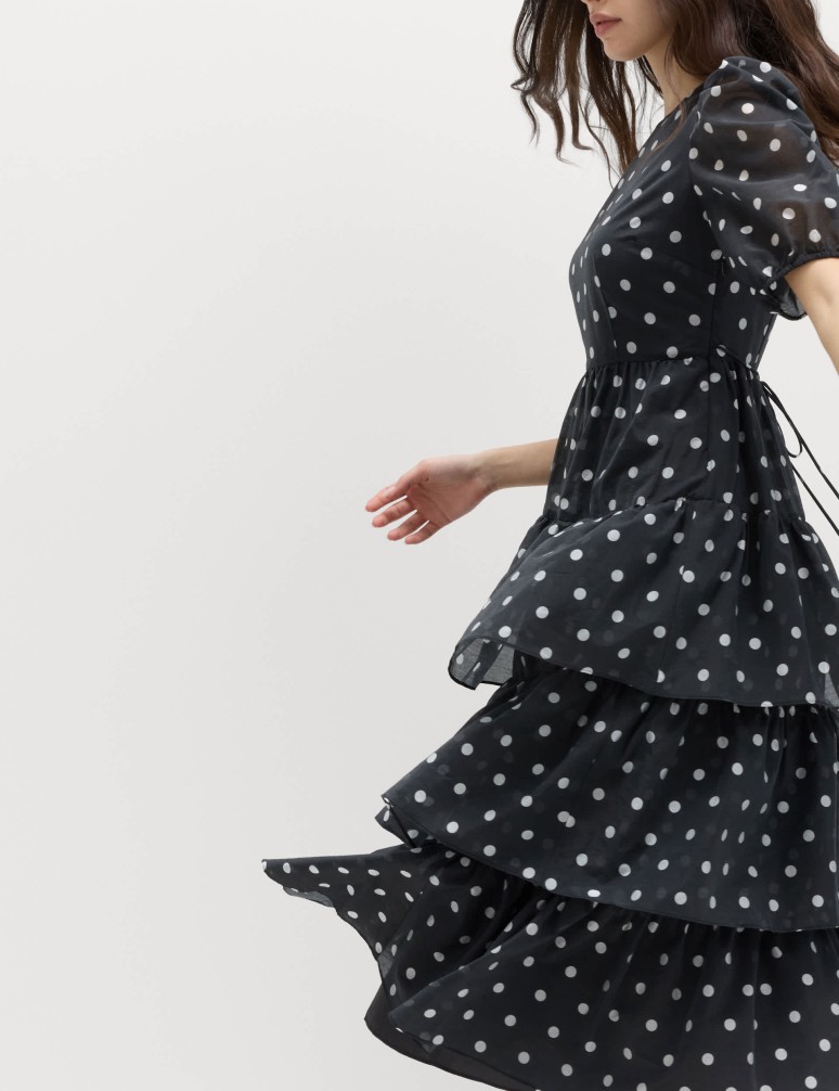 Lyocell Rich Polka Dot Midi Tiered Dress