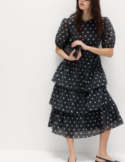 Lyocell Rich Polka Dot Midi Tiered Dress