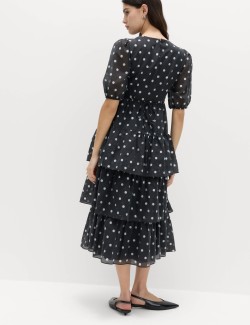 Lyocell Rich Polka Dot Midi Tiered Dress