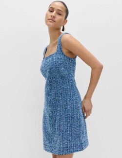 Pure Cotton Denim Tufted Mini Shift Dress