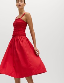 Pure Cotton Shirred Midi Cami Dress