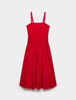 Pure Cotton Shirred Midi Cami Dress