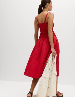 Pure Cotton Shirred Midi Cami Dress