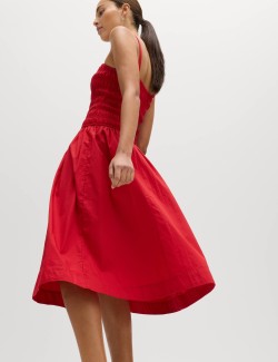 Pure Cotton Shirred Midi Cami Dress
