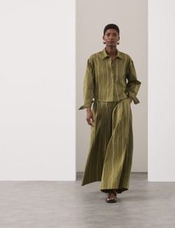 Striped Pleat Front Wide Leg Trousers