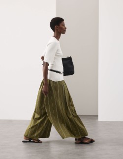 Striped Pleat Front Wide Leg Trousers