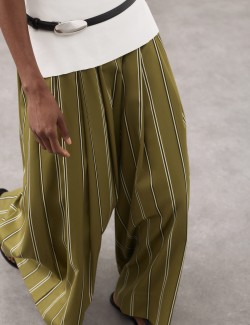 Striped Pleat Front Wide Leg Trousers