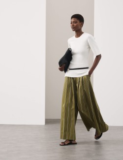 Striped Pleat Front Wide Leg Trousers