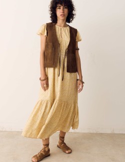 Cotton Rich Printed Midi Waisted Dress