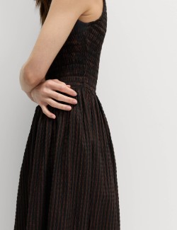 Checked Shirred Bodice Midi Skater Dress