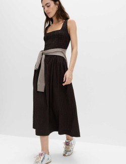 Checked Shirred Bodice Midi Skater Dress
