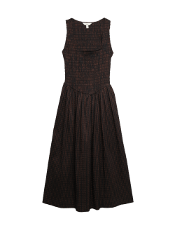 Checked Shirred Bodice Midi Skater Dress
