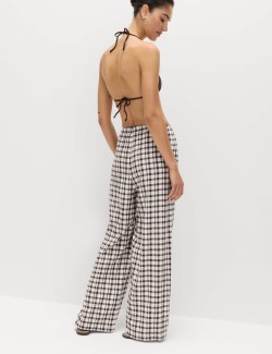 Linen Rich Gingham Wide Leg Trousers