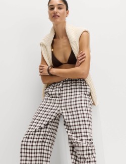 Linen Rich Gingham Wide Leg Trousers