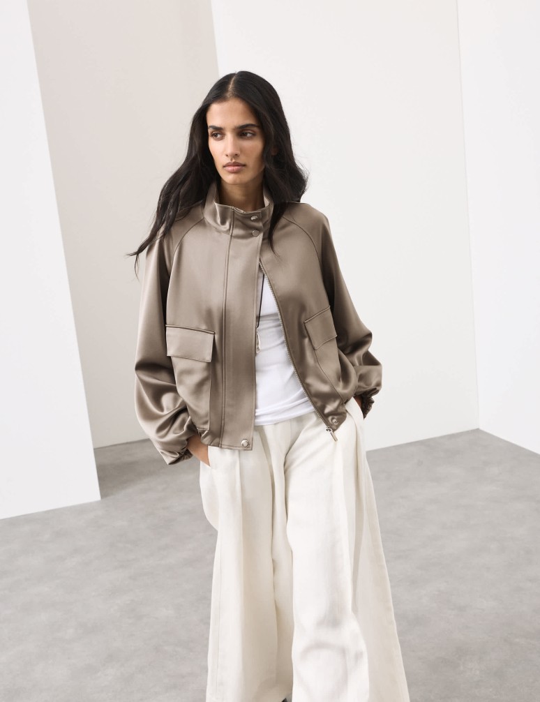 Satin Lightweight Funnel Neck Bomber Jacket