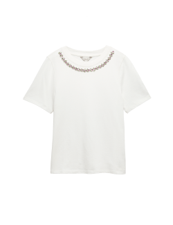 Pure Cotton Floral Embellished T-Shirt