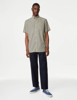 Easy Iron Cotton Stretch Gingham Check Oxford Shirt