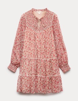 Printed Ladder Lace Insert Mini Smock Dress