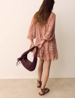 Printed Ladder Lace Insert Mini Smock Dress