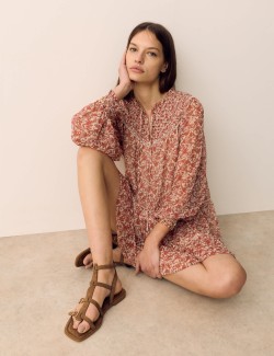 Printed Ladder Lace Insert Mini Smock Dress