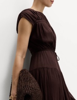 Ruched Maxi Waisted Dress with Linen