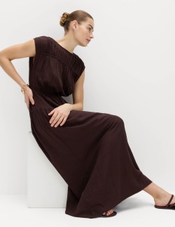 Ruched Maxi Waisted Dress with Linen