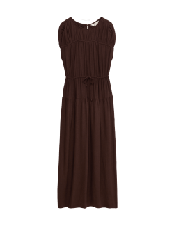 Ruched Maxi Waisted Dress with Linen