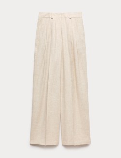 Linen Blend Pleat Front Wide Leg Trousers