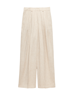 Linen Blend Pleat Front Wide Leg Trousers