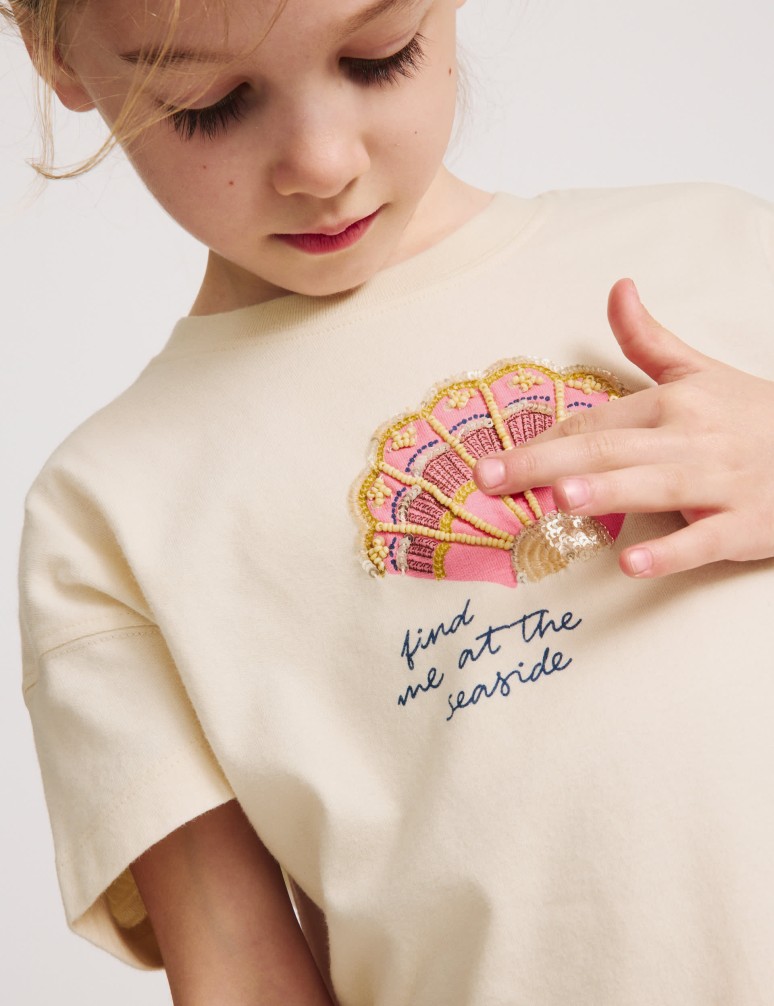 Pure Cotton Shell Embellished T-Shirt (4-8 Yrs)