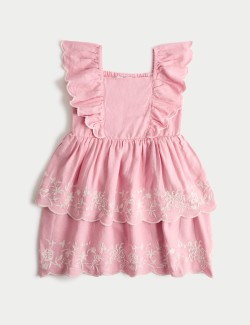 Linen Rich Floral Embroidered Frill Dress (2-10 Years)