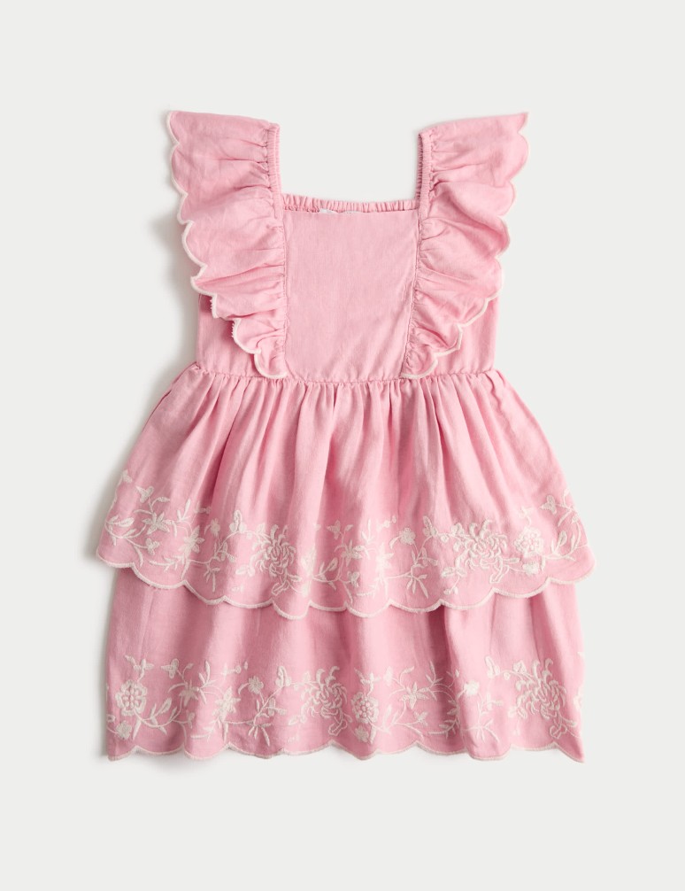 Linen Rich Floral Embroidered Frill Dress (2-10 Years)