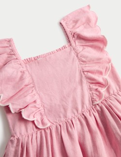 Linen Rich Floral Embroidered Frill Dress (2-10 Years)