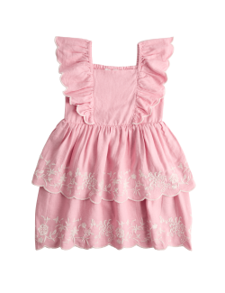 Linen Rich Floral Embroidered Frill Dress (2-10 Years)