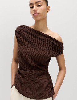 Plisse Asymmetric Neck Bardot Top
