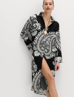 Linen Rich Printed Maxi Shirt Dress