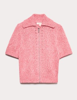 Pure Cotton Pointelle Polo Collar Zip Up Cardigan