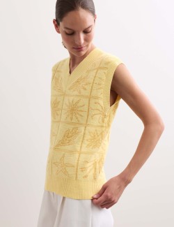 Linen Rich V-Neck Stitch Detail Knitted Vest