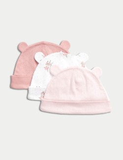 3pk Pure Cotton Floral Hats (0-12 Mths)